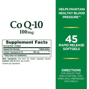 Nature's Bounty CoQ10 100mg for Heart Health Support, Non-GMO Q-Sorb Coenzyme Q-10 Antioxidant Support and Cardiovascular Wellness, Dietary Supplement, Rapid Release Softgels, 45 ct