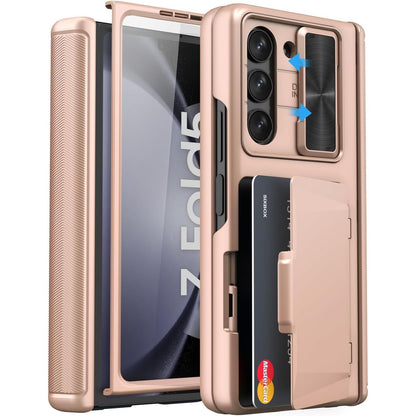for Samsung Galaxy Z Fold 5 Case with Card Holder & S Pen Holder & Slide Lens Cover, Built-in Hinge Protection & Screen Protector, Durable Sturdy Phone Cover Case for Galaxy Z Fold 5, Black