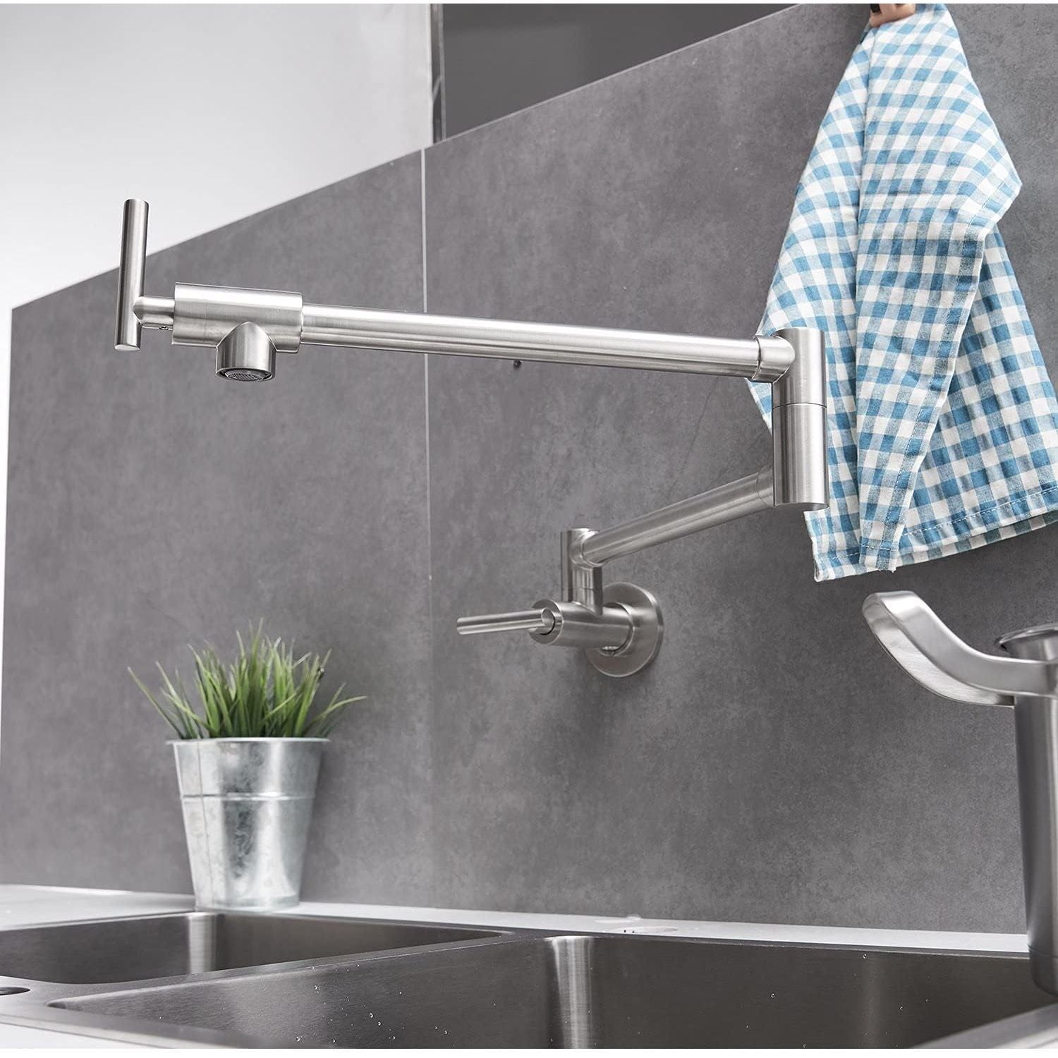 Buy now Pot Filler Faucet Brushed Nickel Wall Mount Commercial Kitchen Faucets Brass Folding Stretchable with Single Hole Two Handles by Aquafaucet at indiglob india