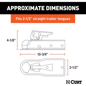 CURT 25135 Straight Tongue Trailer Coupler for 2-1/2-Inch Channel, 2-In Hitch Ball, 3,500 lbs, CLEAR ZINC