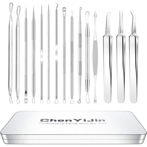 15 PCS Blackhead Remover Pimple Popper Tool Kit,Black Head Removal Extractor for Acne Comedone Whitehead Popping Zit Blemish Facial Skin Care Tools with Metal Case