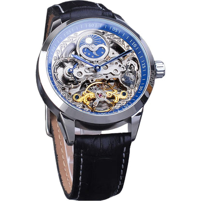 FORSINING Men's Skeleton Moon Phase Watch Mechanical Self-Wind Tourbillon Dual Time Zone Watches Automatic Luxury Leather Strap Large Dial Wristwatch