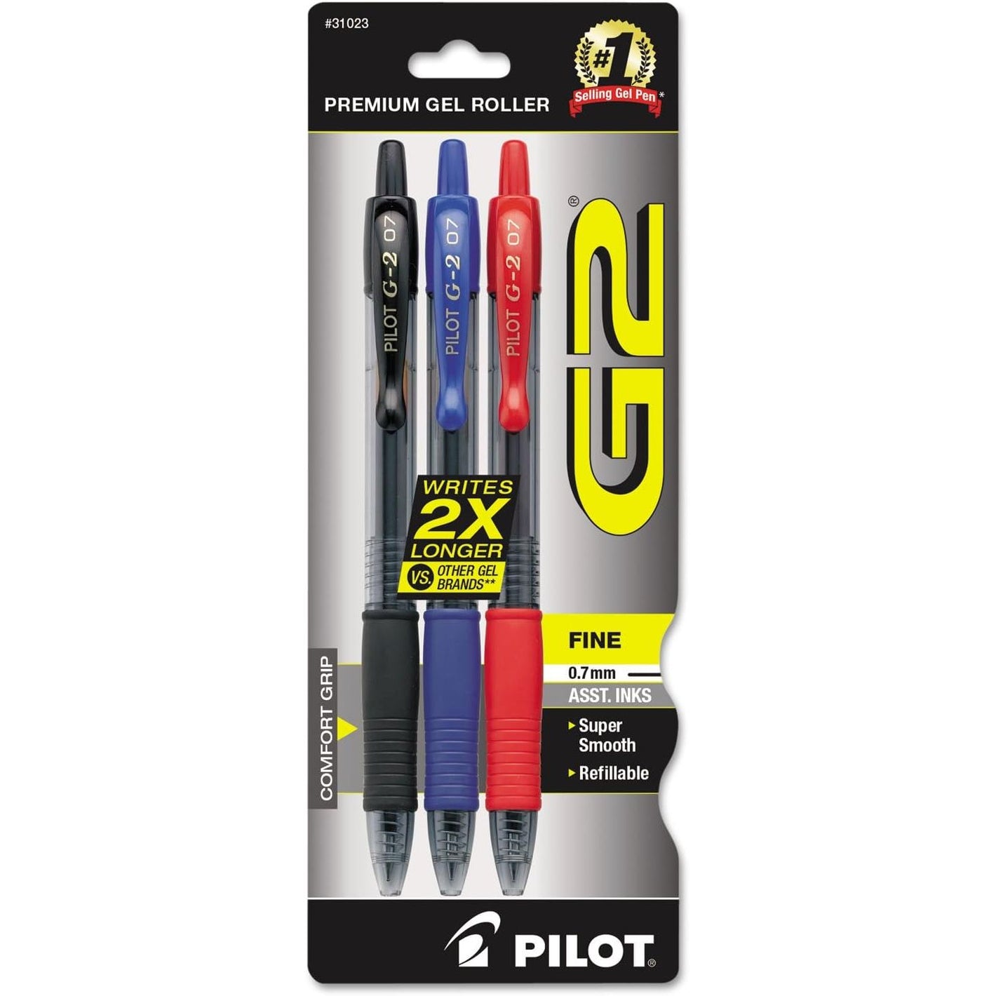 Pilot G2 Premium Gel Roller Pens, Fine Point, Gel Ink Pens, 0.7 mm, Pack of 3, Black/Blue/Red - Ideal for School, Journaling & Office Writing