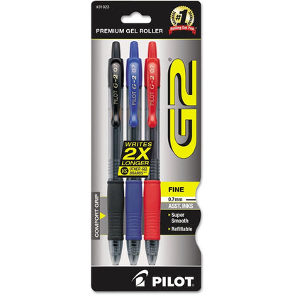 Pilot G2 Premium Gel Roller Pens, Fine Point, Gel Ink Pens, 0.7 mm, Pack of 3, Black/Blue/Red - Ideal for School, Journaling & Office Writing