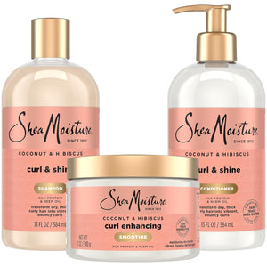SheaMoisture Coconut & Hibiscus Curl & Shine Shampoo & Conditioner + Curl Enhancing Smoothie for Bouncy Curls, Frizz Control