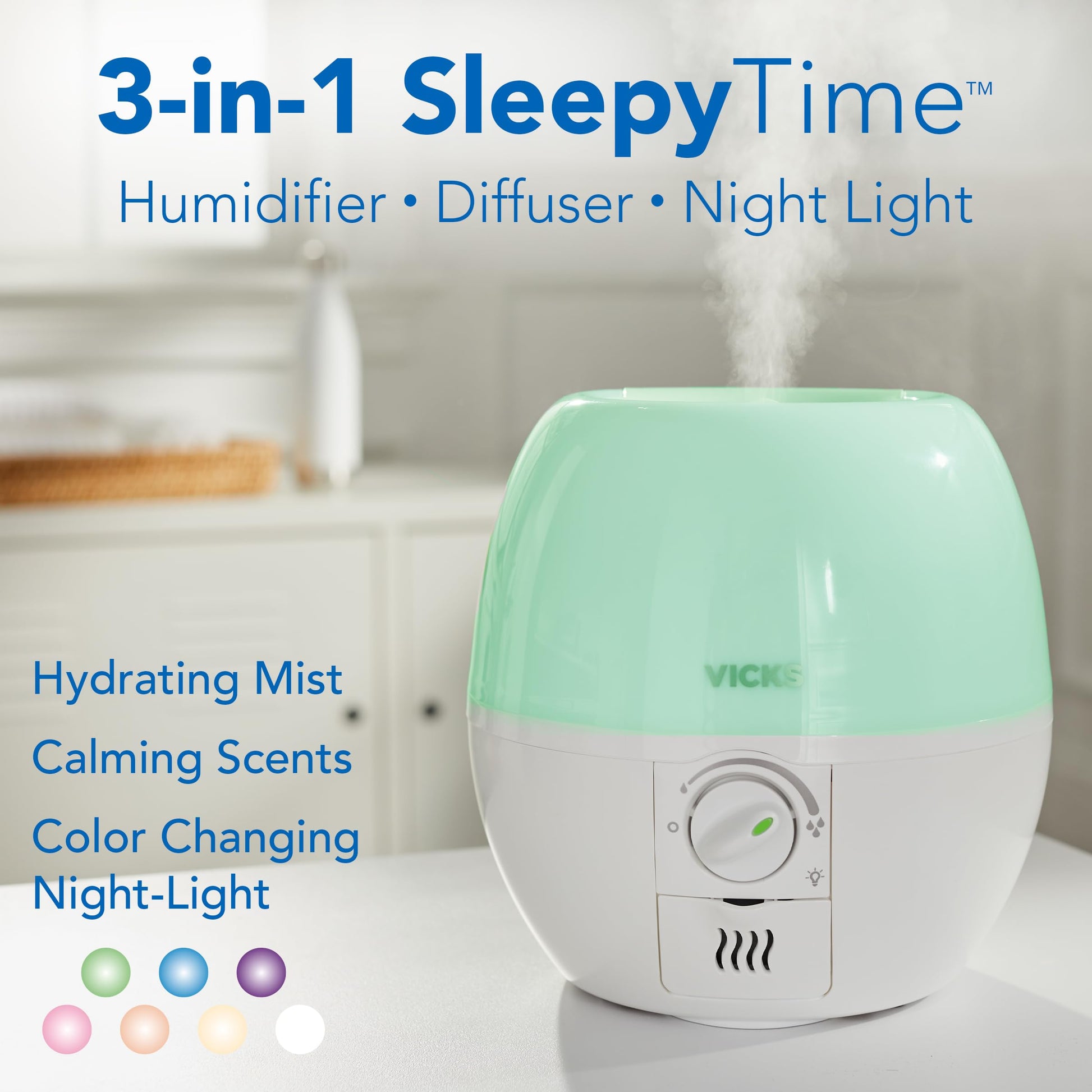 Buy now Vicks Cool Mist 3-in-1 SleepyTime Humidifier for Baby & Kids with Color Changing Night Light and Essential Oil Diffuser at indiglob india