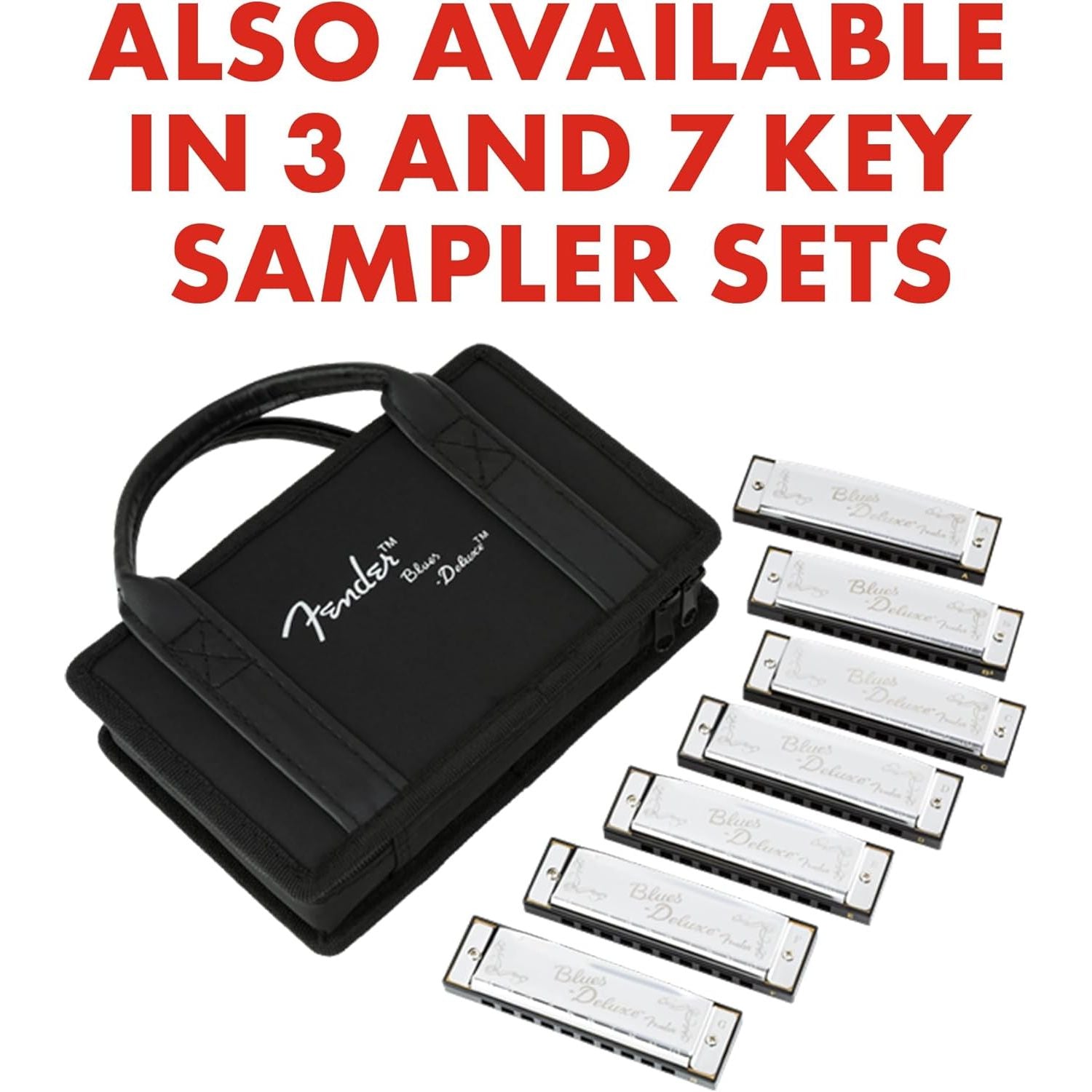 Buy now Fender Blues Deluxe Harmonica, Stocking Stuffers, Guitar Accessories, Pack of 7 with case (Keys C, G, A, D, F, E, B Flat) at indiglob india