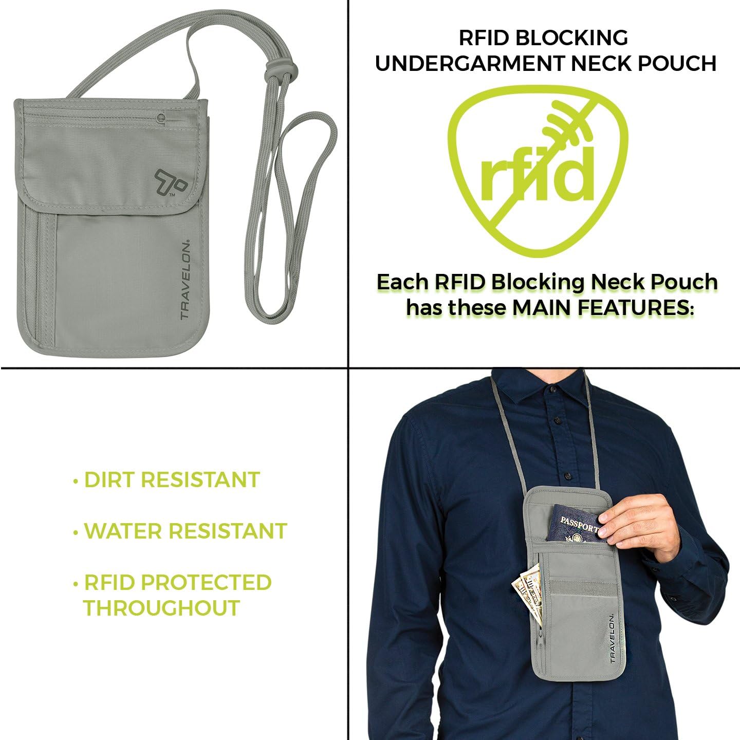 Buy now Travelon Rfid Blocking Undergarment Neck Pouch Travel Wallet, Gray, One Size at indiglob india