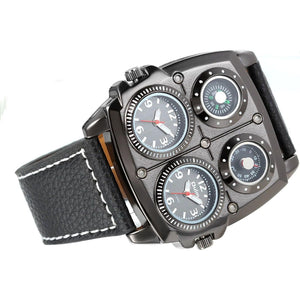 Avaner Mens Punk Watch, Unique Big Face Dual Time Zone Wristwatch, Analog Quartz Leather Strap Sport Watches with Decorative Compass and Thermometer Dial