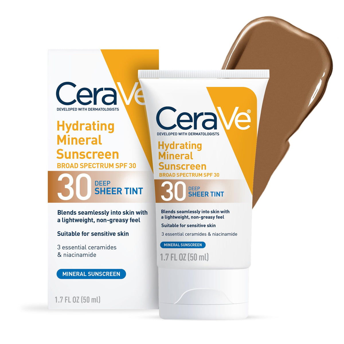Buy now CeraVe Hydrating Mineral Sunscreen SPF 30 with Sheer Tint, Tinted Mineral Sunscreen with Zinc Oxide & Titanium Dioxide, Blends Seamlessly For Healthy Glow, Deep, 1.7 Oz at indiglob india