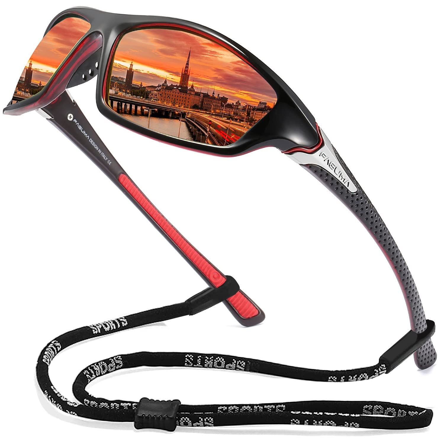 Buy now FAGUMA Sports Polarized Sunglasses For Men Cycling Driving Fishing UV400 Protection Black Red Frame Red Mirrored Lens at indiglob india