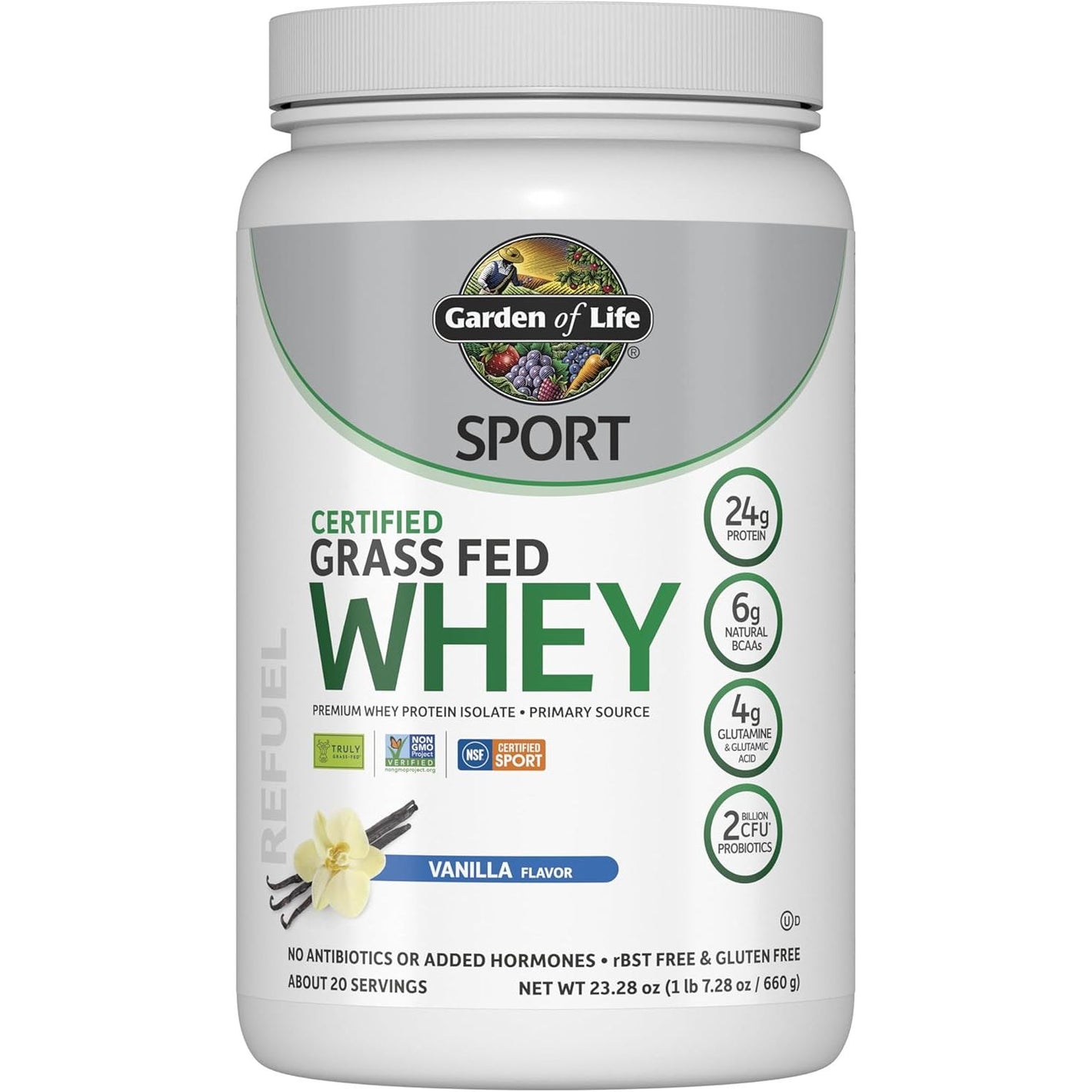 Garden of Life SPORT Whey Protein Powder Vanilla, Premium Grass Fed Whey Protein Isolate plus Probiotics for Immune System Health, 24g Protein, Non GMO, Gluten Free, Cold Processed - 20 Servings