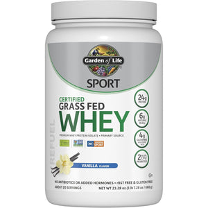 Garden of Life SPORT Whey Protein Powder Vanilla, Premium Grass Fed Whey Protein Isolate plus Probiotics for Immune System Health, 24g Protein, Non GMO, Gluten Free, Cold Processed - 20 Servings
