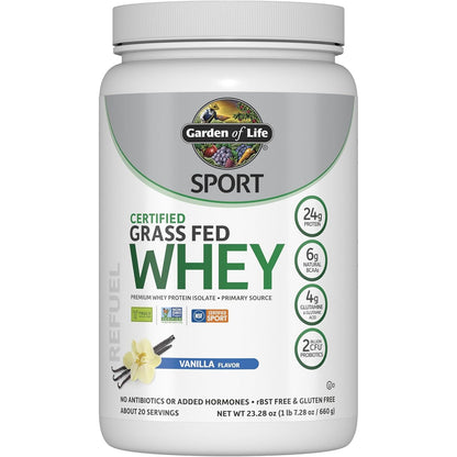 Garden of Life SPORT Whey Protein Powder Vanilla, Premium Grass Fed Whey Protein Isolate plus Probiotics for Immune System Health, 24g Protein, Non GMO, Gluten Free, Cold Processed - 20 Servings