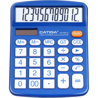 CATIGA 12 Digits Desktop Calculator with Large LCD Display and Sensitive Button, Dual Solar Power and Battery, Standard Function for Office, Home, School, CD-2786