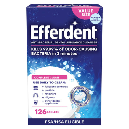Buy now Efferdent Denture Cleaner Tablets – Dental Appliances, Aligners, Mouth Guard, and Retainer Cleaner Tablets, Complete Clean, 126 Count at indiglob india