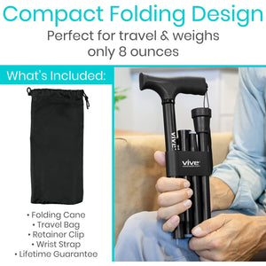Vive Folding Cane - Foldable Walking Cane for Men, Women - Fold-up, Collapsible, Lightweight, Adjustable, Portable Hand Walking Stick - Balancing Mobility Aid - Comfortable Ergonomic Handle