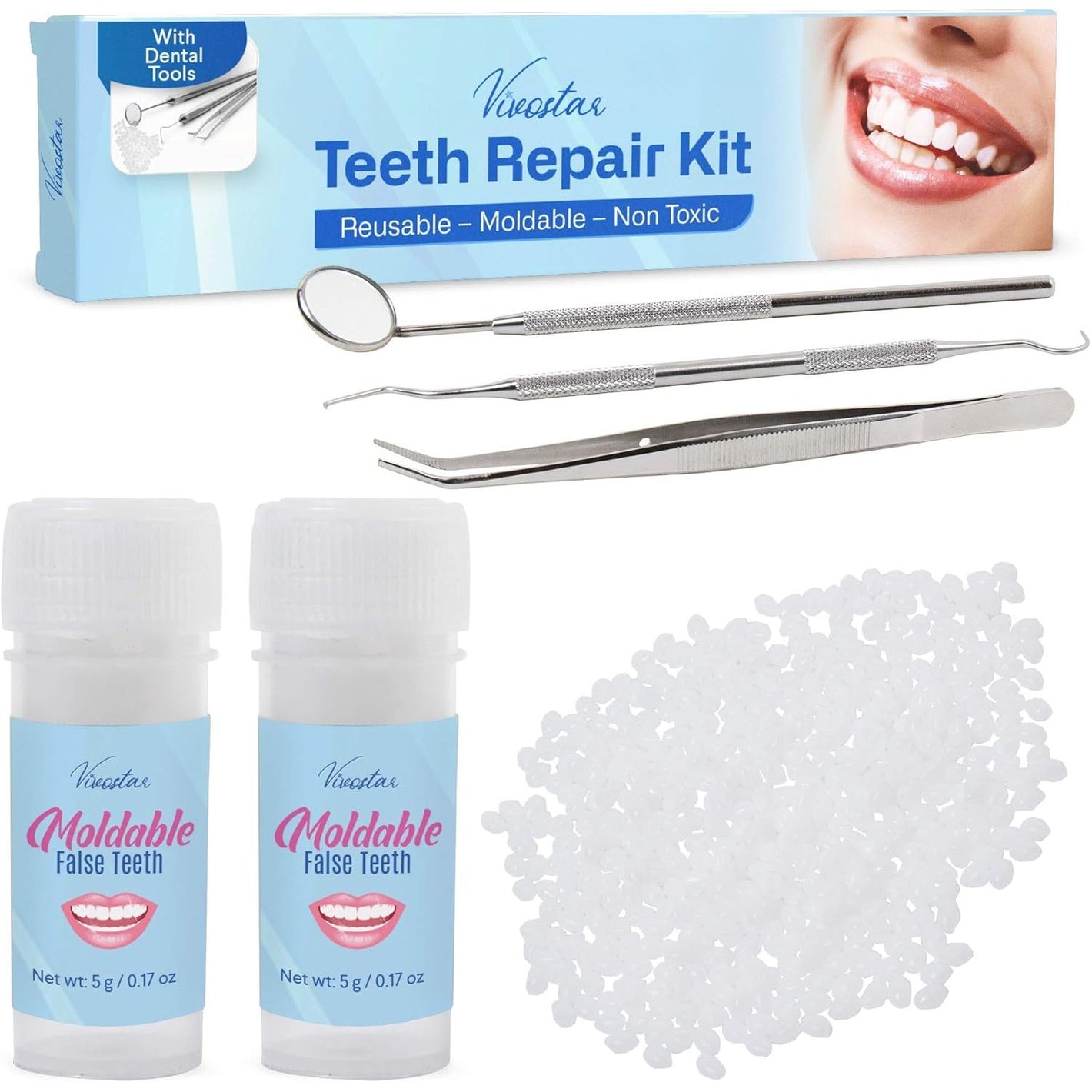 Teeth Repair Kit, Temporary Teeth replacement kit, Moldable False Teeth, Thermal Fitting Beads for Snap On Instant and Confident Smile, with Mouth Mirror, Mouth Tweezer, Dental Probe