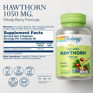 SOLARAY Hawthorn Berry Capsules 1050 mg - Soothing Herbal Support - Hawthorne Berry Supplement for Overall Wellness Support - Whole Berry, Vegan, Non-GMO, 60 Day Guarantee, 90 Servings, 180 VegCaps