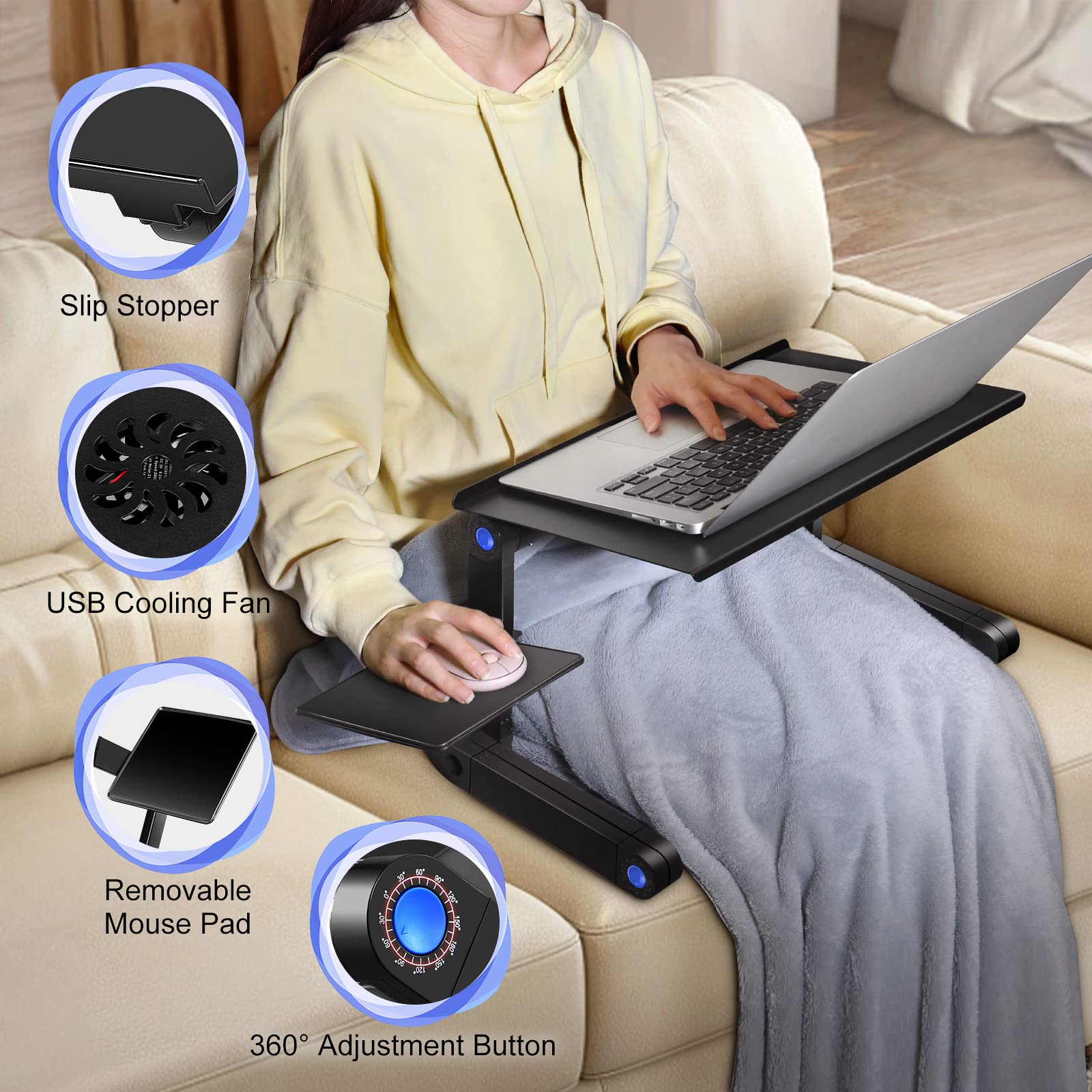 Buy now Adjustable Laptop Stand, Laptop Table Bed, Portable Lap Desk Foldable Table Workstation Notebook Riser Mouse Pad, Ergonomic Laptop Stand 2 CPU Cooling Fan, Best Gifts, Black laptop table at indiglob india