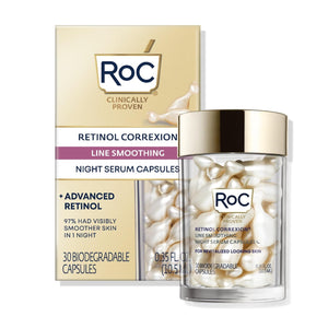 RoC Retinol Correxion Anti-Aging Wrinkle Night Serum, Retinol Serum for Face, Daily Treatment for Fine Lines, Post Acne Scars, 30 Capsules, Unscented, 0.35 Fl Oz