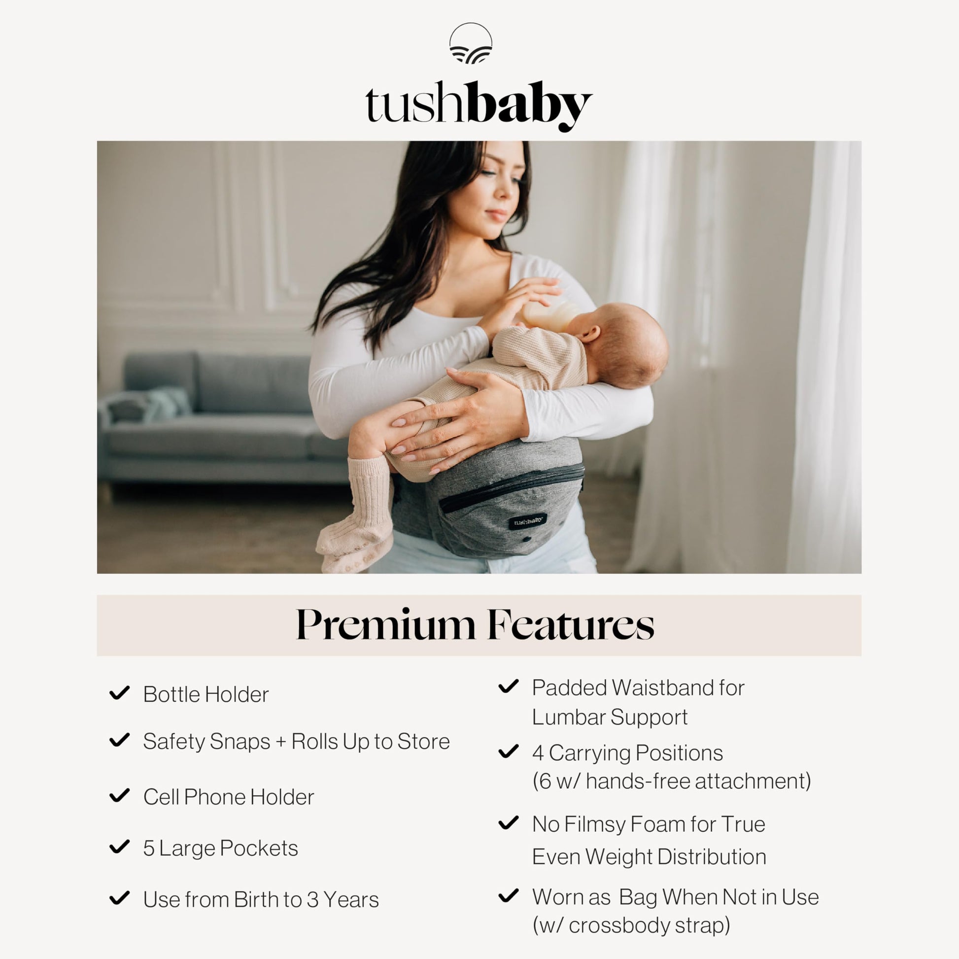 Buy now Tushbaby Original Hip Seat Baby Carrier for Babies & Toddlers up to 45 lbs, Safety Certified, Lightweight No-Foam Design with Storage & Nursing Support, Grey at indiglob india