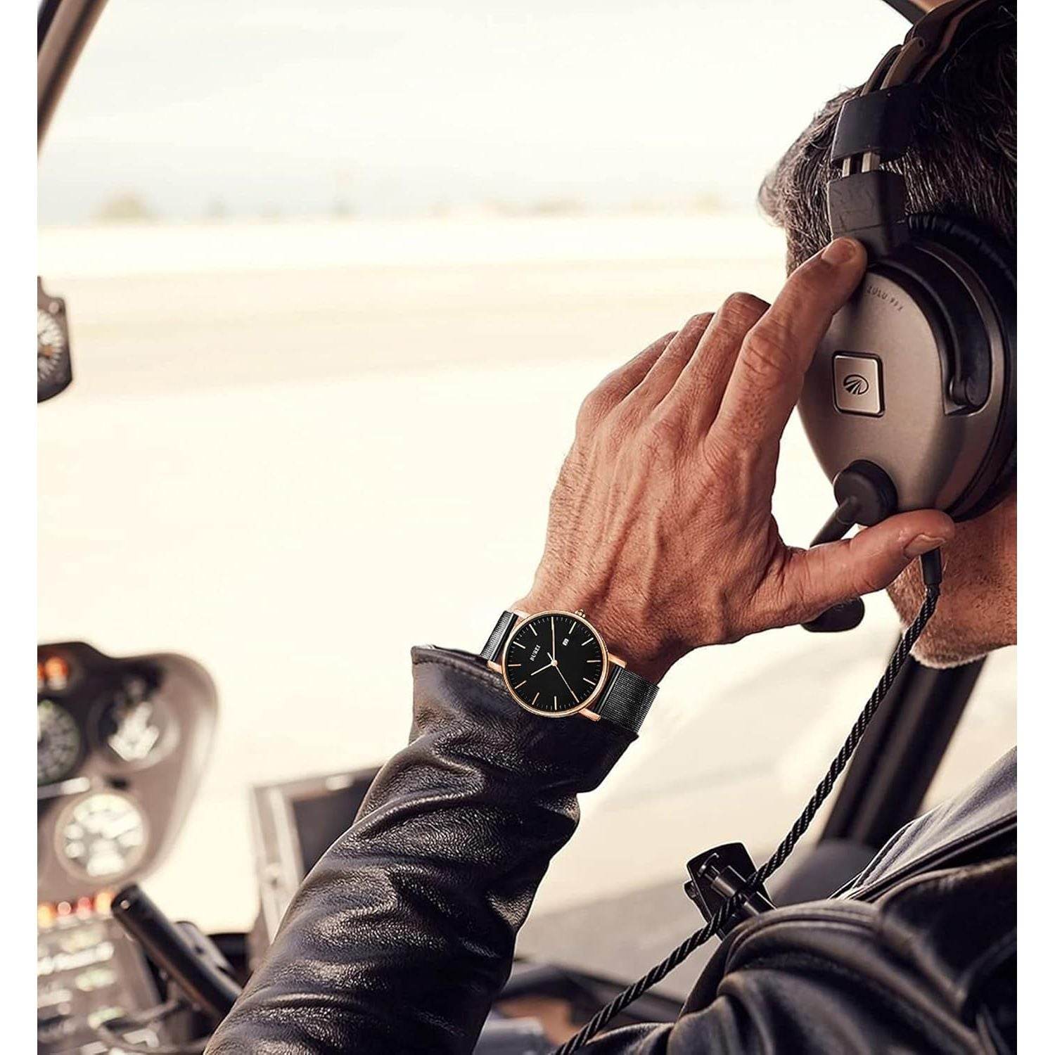 BUREI Men's Fashion Minimalist Wrist Watch Analog Date with Stainless Steel Mesh Band (Black Rose Gold) - My Store