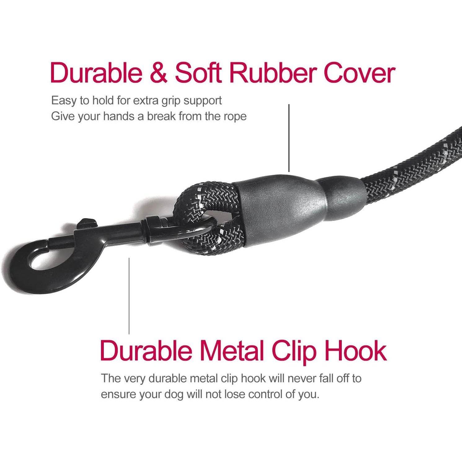 10 FT Strong Dog Leash Extra Heavy Duty Rock Climbing Rope Comfortable Padded Handle Highly Reflective Threads for Small Medium Large Dogs, 1/2 inch Diameter (Black Black) - My Store
