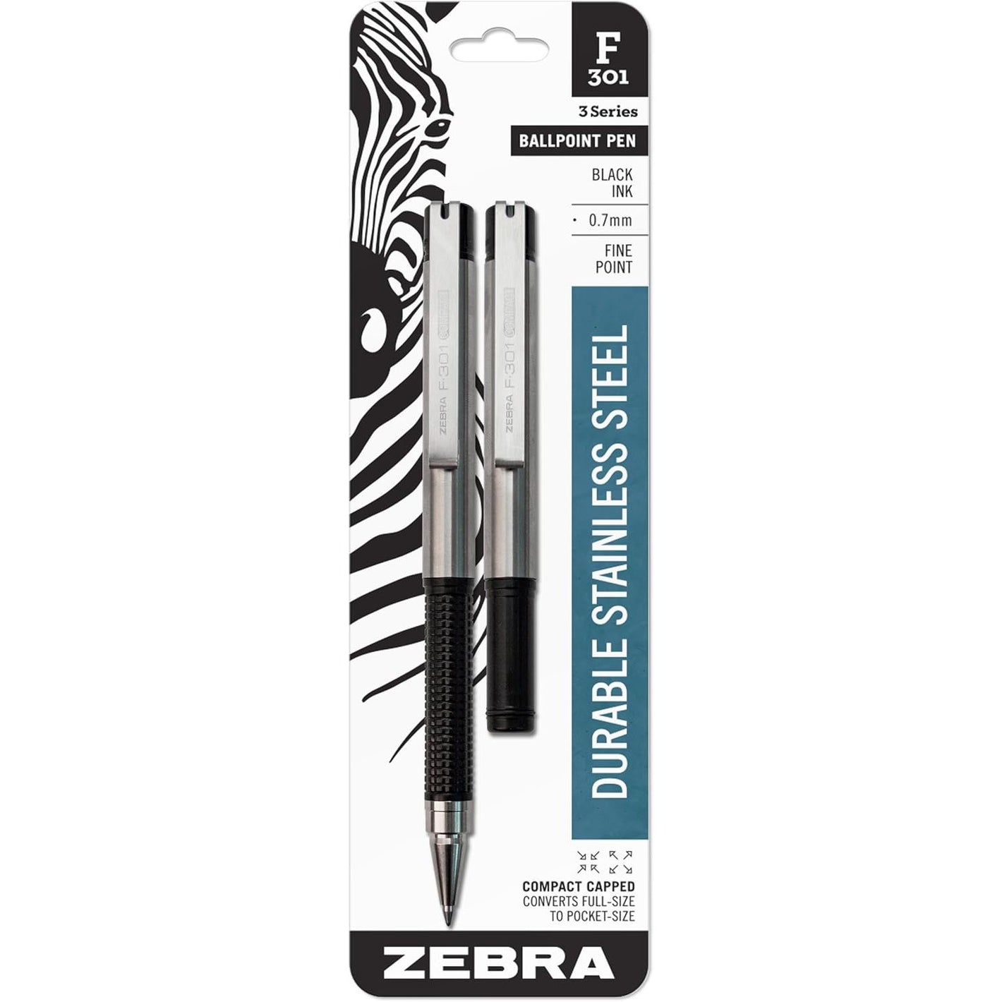 Zebra Pen F-301 Compact Retractable Ballpoint Pen, Stainless Steel Barrel, Fine Point, 0.7mm, Black Ink, 2-Pack