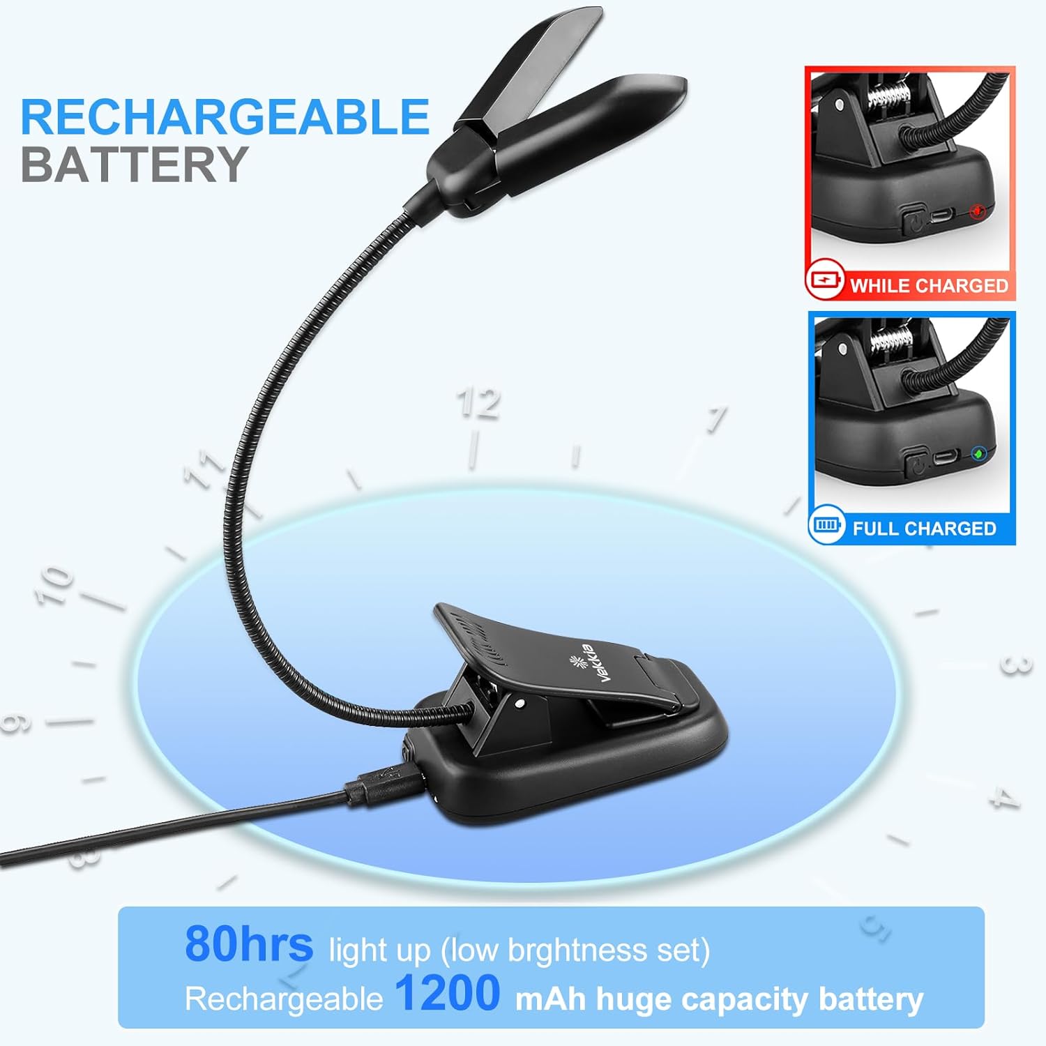 Buy now Vekkia 14 LED Rechargeable Book Light for Reading at Night, Eye-Care Reading Light for Books in Bed, 180° Adjustable, Clip on Lamp, 3 Color Temperatures, Lightweight, Present for Reader at indiglob india