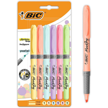 BIC Highlighter Grip Pastel, Highlighter Pens with Adjustable Chisel Tip, Rubber Grip for Extra Comfort, Assorted Colours, Pack of 6