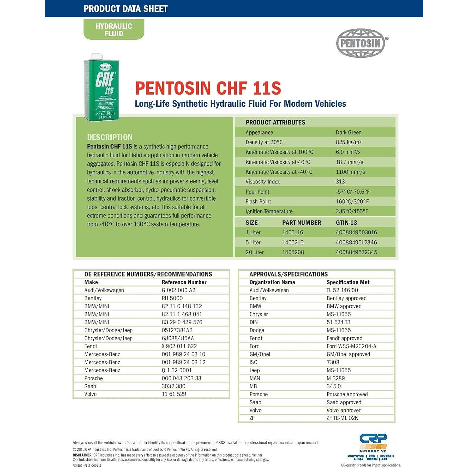 Buy now Pentosin 1405116 CHF 11S Long-Life Synthetic Hydraulic Fluid for Audi, Bentley, BMW, Chrysler, Dodge, Jeep, Mercedes-Benz, Mini, Porsche, Saab, Volkswagen, Volvo, and More; 1 Liter at indiglob india