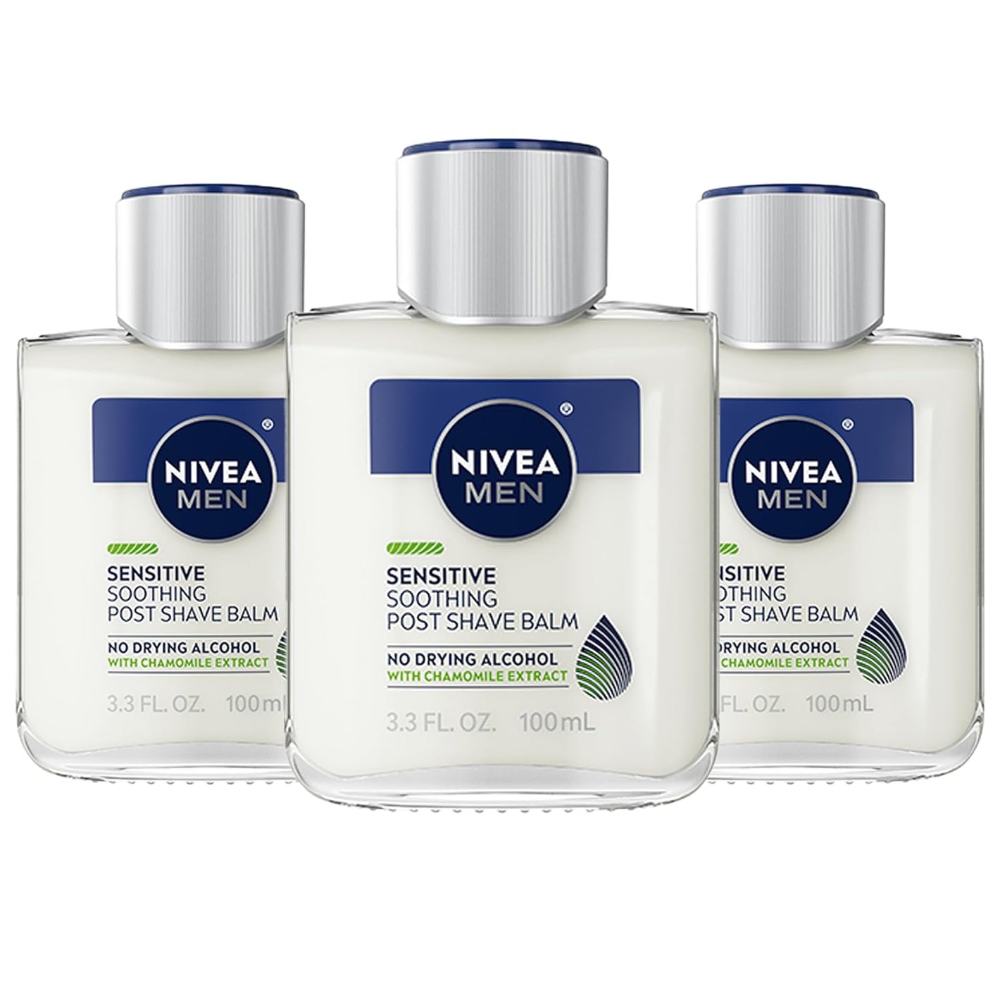 NIVEA MEN Sensitive Soothing Post Shave Balm with Vitamin E, Pro-Vitamin B5 and Chamomile Extract, Alcohol Free After Shave Balm for Men, Non-Greasy, 3.3 Fl Oz Bottle, Pack of 3