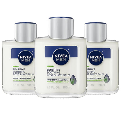 NIVEA MEN Sensitive Soothing Post Shave Balm with Vitamin E, Pro-Vitamin B5 and Chamomile Extract, Alcohol Free After Shave Balm for Men, Non-Greasy, 3.3 Fl Oz Bottle, Pack of 3