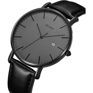 BUREI Men Watches Brown Leather Fashion Minimalist Wrist Watch Simple Ultra Thin Waterproof Quartz Watches All Black Stainless Steel Mesh Band,Gift for Men Women