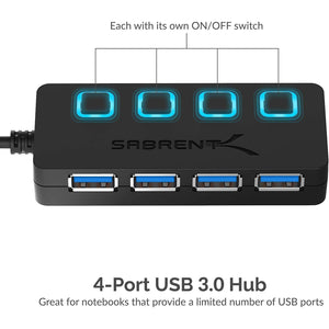 SABRENT 4-Port USB 3.0 Hub with Individual LED Power Switches - Slim, Portable Design - 2 Ft Cable - Fast Data Transfer - Compatible with Mac & PC (HB-UM43)