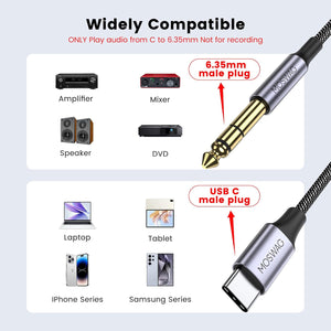 MOSWAG USB C to 1/4 Male Audio Stereo Cable, USB C to 6.35mm 1/4 TRS Audio Cable for Smartphones S25 S25+ Ultra iPhone 15 16 Pro Max Amp Speaker (10ft/3m) No Recording Support