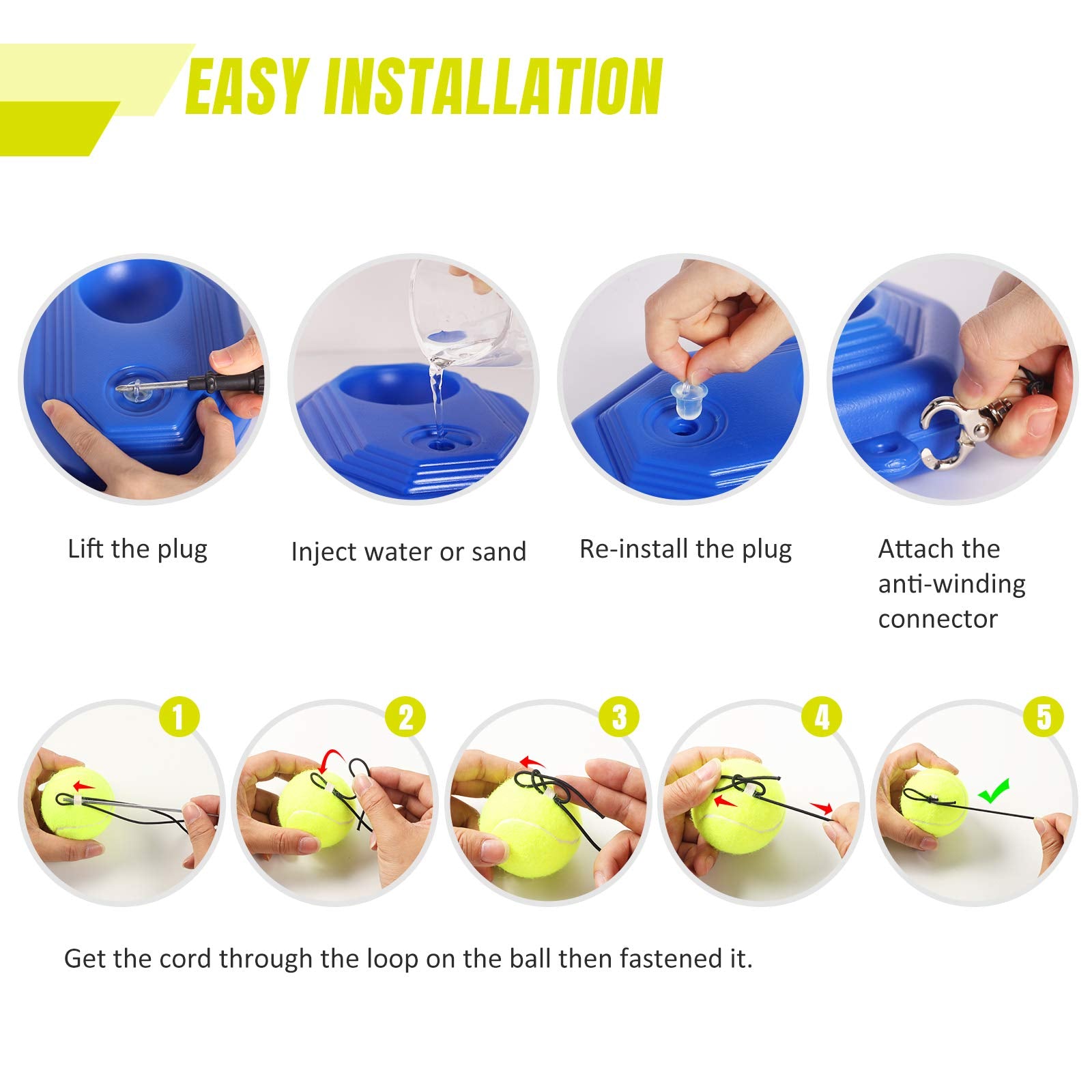 Buy now Tennis Trainer Rebound Ball with Strong Non-slip Mat, Portable Solo Tennis Training Equipment for Kids/Adults, 6 Cords & 2 Balls for Replacement at indiglob india