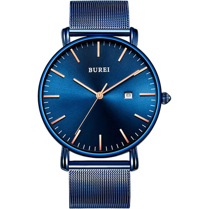 BUREI Men Watches Brown Leather Fashion Minimalist Wrist Watch Simple Ultra Thin Waterproof Quartz Watches All Black Stainless Steel Mesh Band,Gift for Men Women