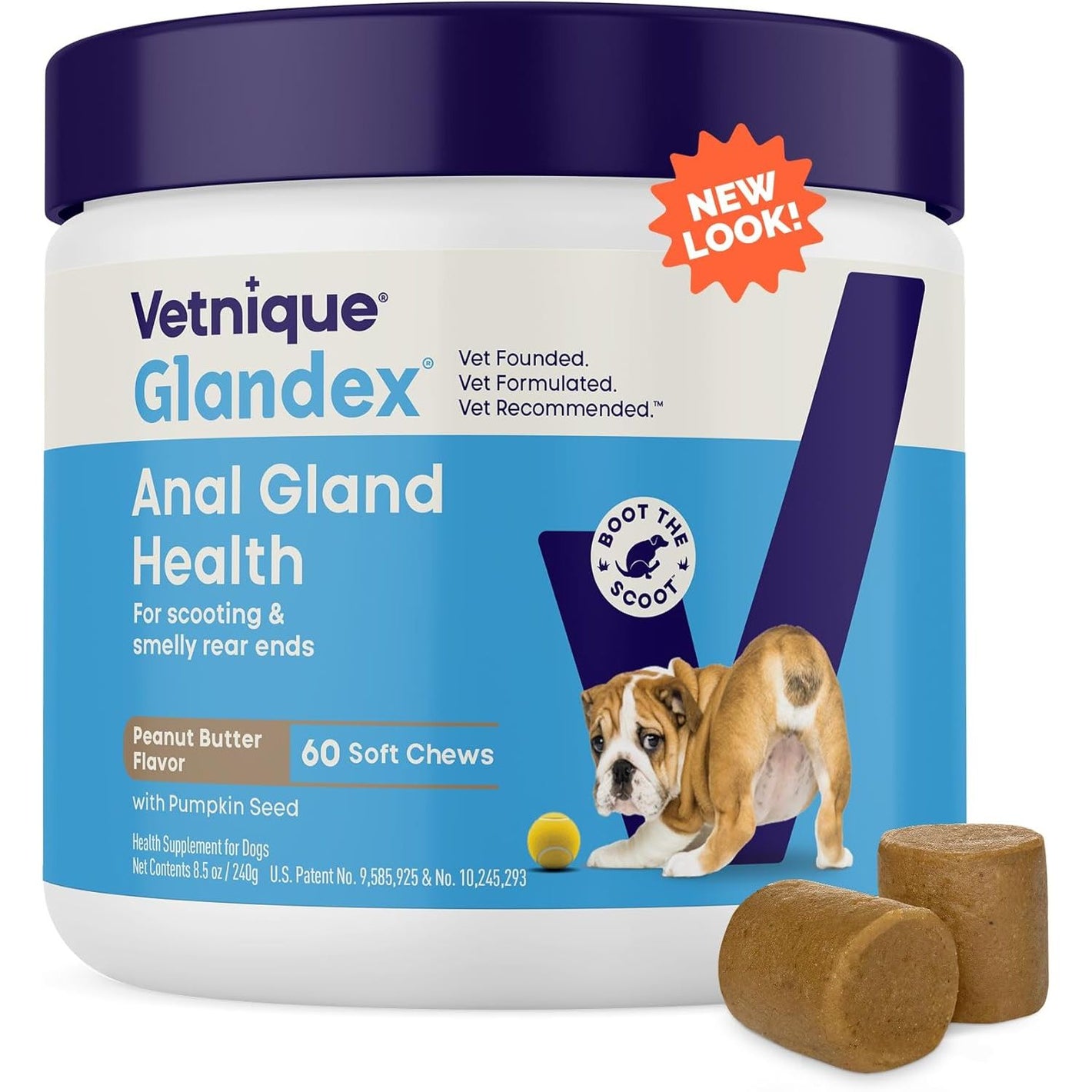 Vetnique Glandex Anal Gland Soft Chew Treats with Pumpkin for Dogs Digestive Enzymes, Probiotics Fiber Supplement for Dogs Boot The Scoot (Peanut Butter Chews, 60 Count)