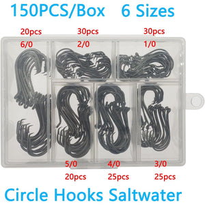 Fish Hooks for Fishing Gear Tackle, 150PCS Circle Hooks Saltwater, 6sizes Fishing Hooks Saltwater, Catfish Octopus Hook 1/0 2/0 3/0 4/0 5/0 6/0 Black High Carbon Steel with Portable Plastic Box