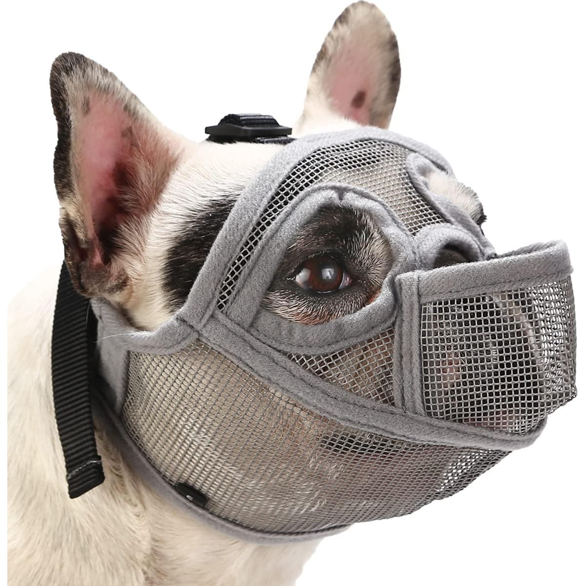 BARKLESS French Bulldog Muzzle, Short Snout Mesh Dog Muzzle with Tongue Out Design for Flat Face Dog Shih Tzu English Bulldog, Prevent Biting Chewing Allows Grooming (Grey, XS)