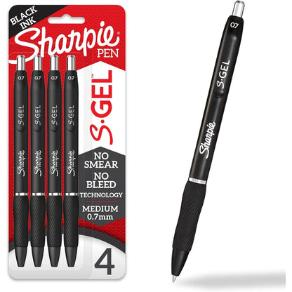 Sharpie S-Gel Pens, Medium Point (0.7mm), Black Ink, 4 Count - Ideal for Writing, Journaling, Drawing, Coloring, Note-Taking, College Supplies