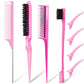 8 Pcs Styling Hair Comb Brush Set with Teasing Edge Brush Parting Rat Tail Comb Hairclip for Women Slicking Ponytail and Smoothing Hair(Pink)