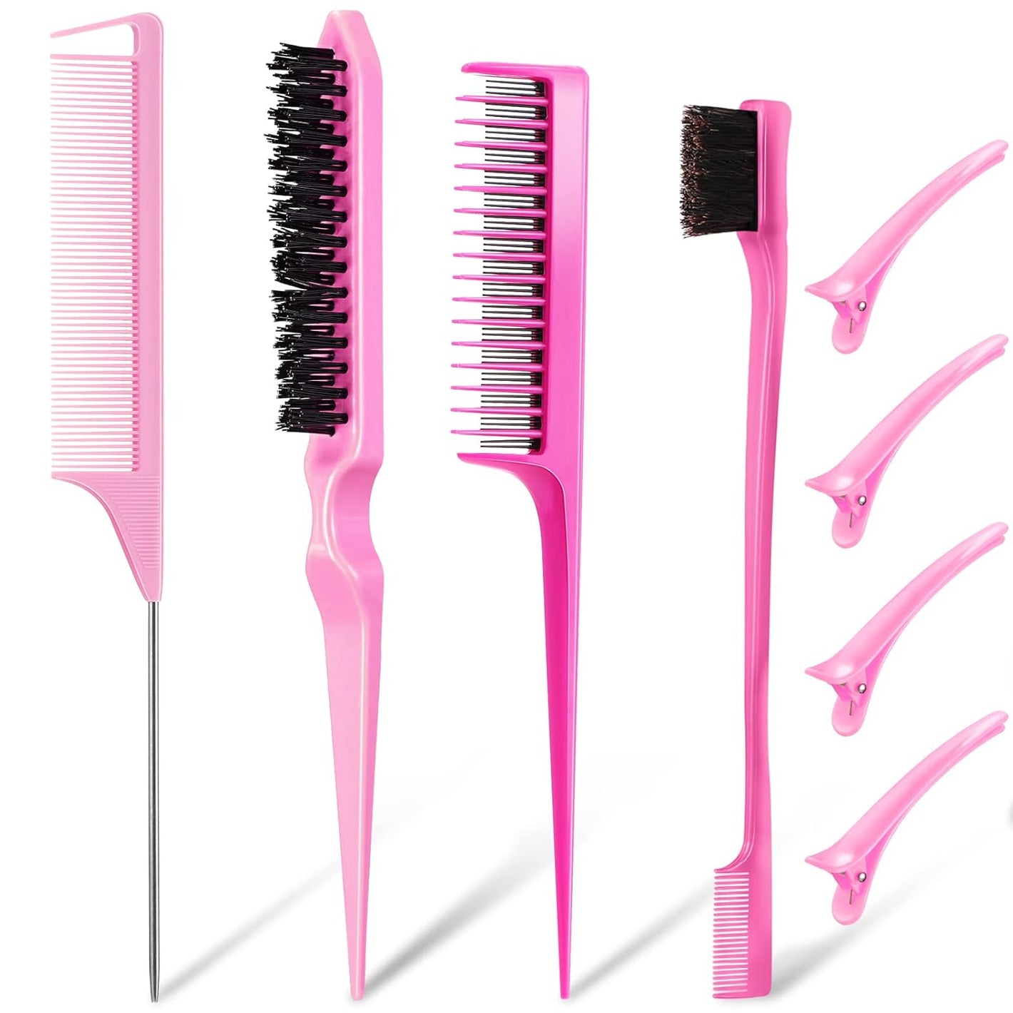 8 Pcs Styling Hair Comb Brush Set with Teasing Edge Brush Parting Rat Tail Comb Hairclip for Women Slicking Ponytail and Smoothing Hair(Pink)