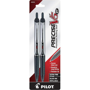 Pilot Precise V5 RT Refillable & Retractable Rollerball Pens, Extra Fine Point Pens 0.5 mm, Black, Pack of 2 - Ideal for School, Journaling & Office Writing