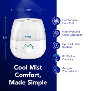 Buy now Vicks Mini Filter Free Cool Mist Humidifier, Small Room ƒ?? Variable Mist Control ƒ?? Works with Vicks VapoPads at indiglob india