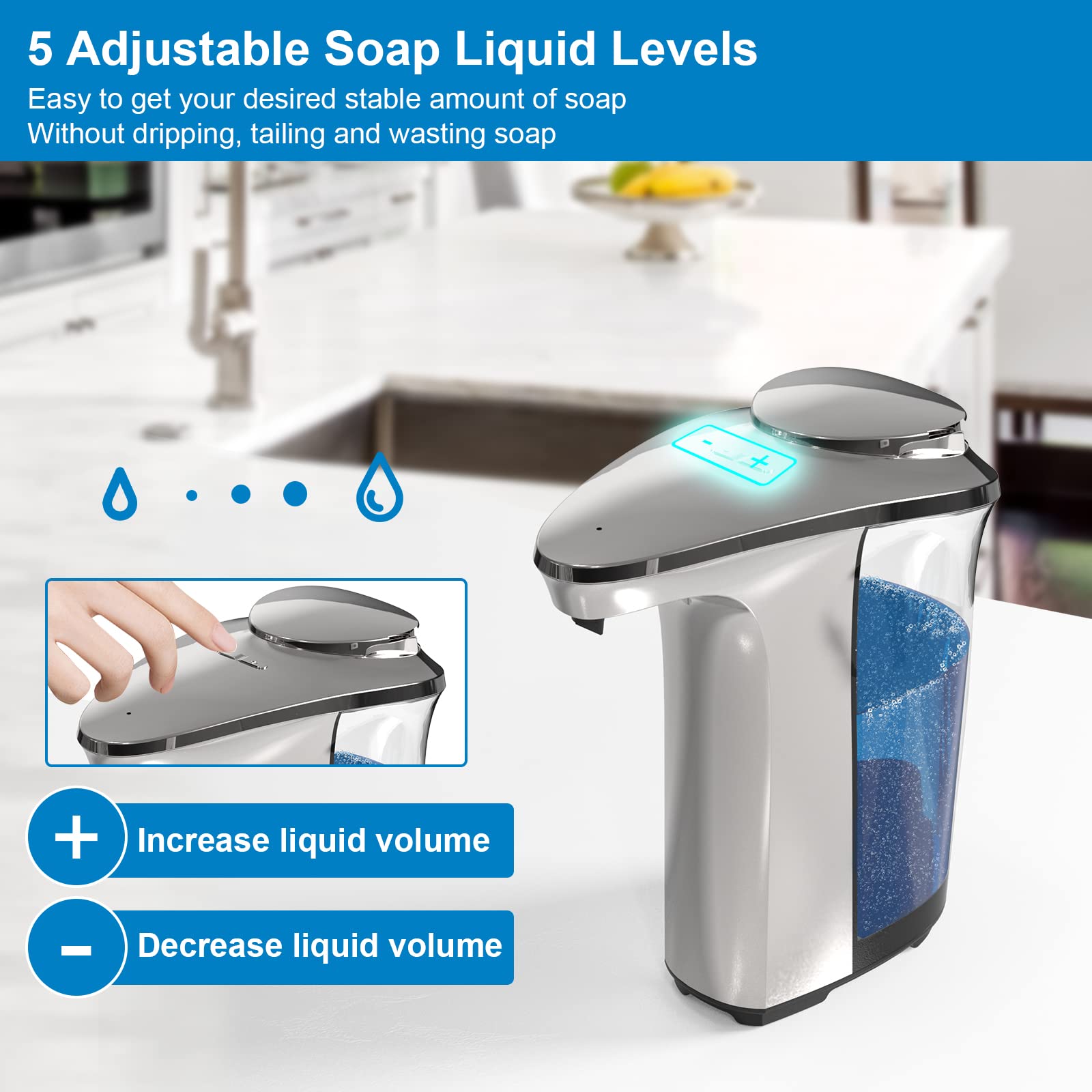 Buy now Automatic Soap Dispenser, Touchless Dish Soap Dispenser 17oz/500ml with Infrared Sensor, 5 Adjustable Soap Levels, Liquid Dispenser for Bathroom Kitchen (Silver) at indiglob india