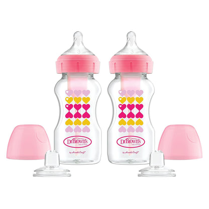 Dr. Brown's Anti-Colic Options+ Wide-Neck Sippy Bottle Starter Kit, 9oz/270mL, with Level 3 Medium-Fast Flow Nipple and Soft 100% Silicone Sippy Spout, Pink, BPA Free, 6m+