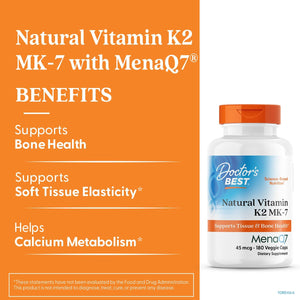 Doctor's Best Natural Vitamin K2 Mk-7 Capsule , Supports Bone Health & Soft Tissue Elasticity, 180 Ct